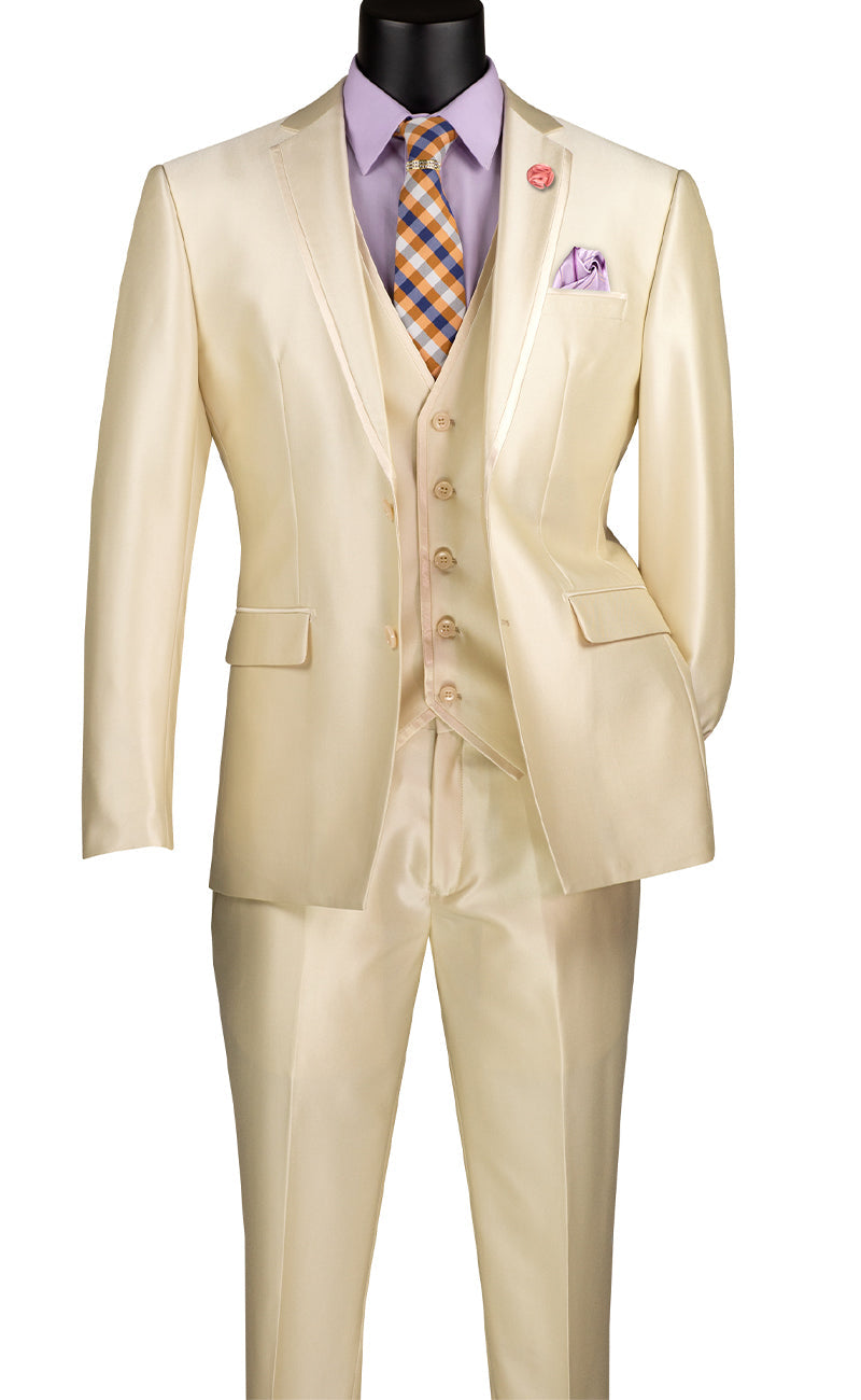 Slim Fit 3 Piece Satin Suit Champagne Beige SV2D-1 main image 0