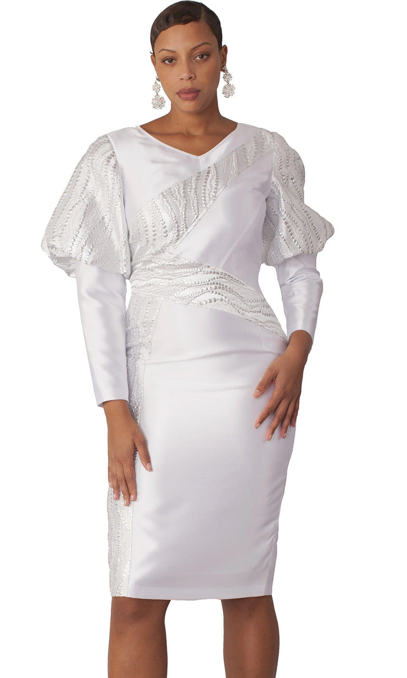 white long sleeve church dress Diana Couture 9151 Church Dress White With Green / 14
