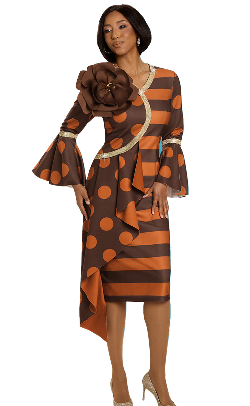 Donna Vinci Church Dress 12147-Brown/B. Orange - Church Suits For Less