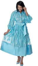 Woman wearing a light blue dress with ruffled details on a white background