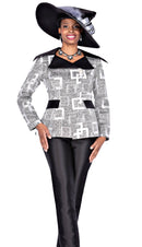 Elite Champagne Pant Suit 5971-Black/Silver Print - Church Suits For Less