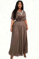 Pleated Floral Waist Maxi Dress 83021-Brown