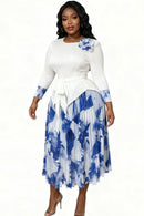 Elegant Floral Pleated Skirt Set 83013-Blue/White