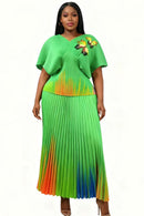 Gradient Pleated Skirt Set 83016-Green Multi