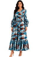 For Her Printed Tiered Pleated Maxi Dress 83452-Teal