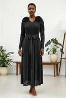 Pleated Rosette Shoulder Midi Dress-83003-Black
