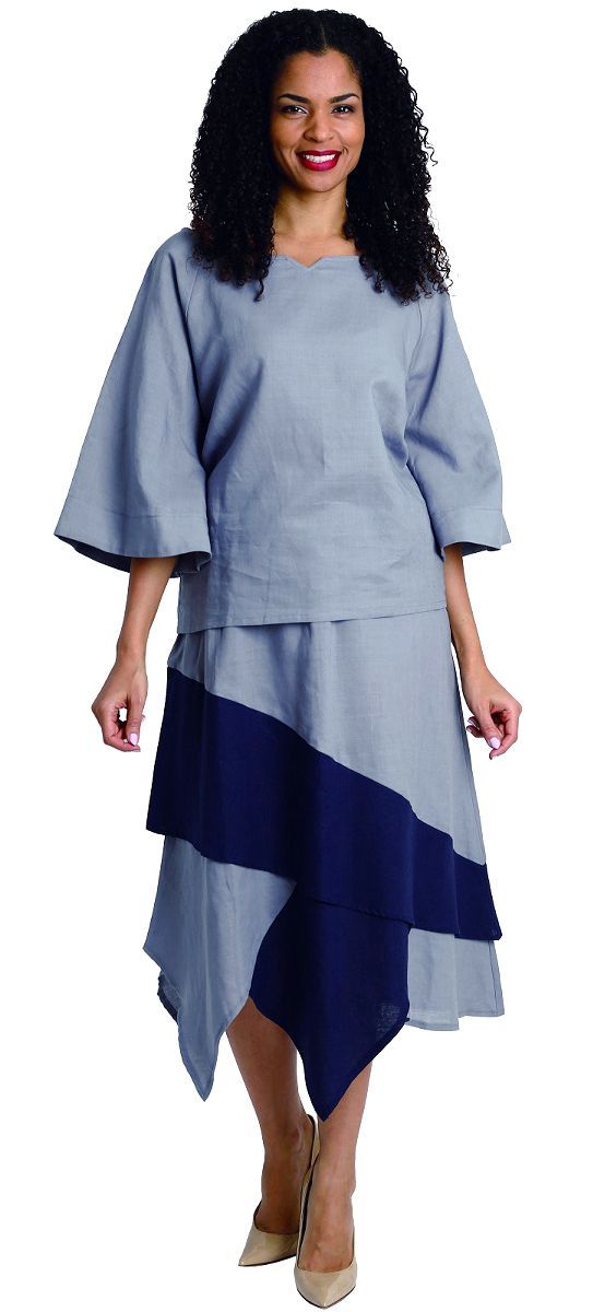 Diana Linen Skirt Set 8214-Gray/Navy - Church Suits For Less