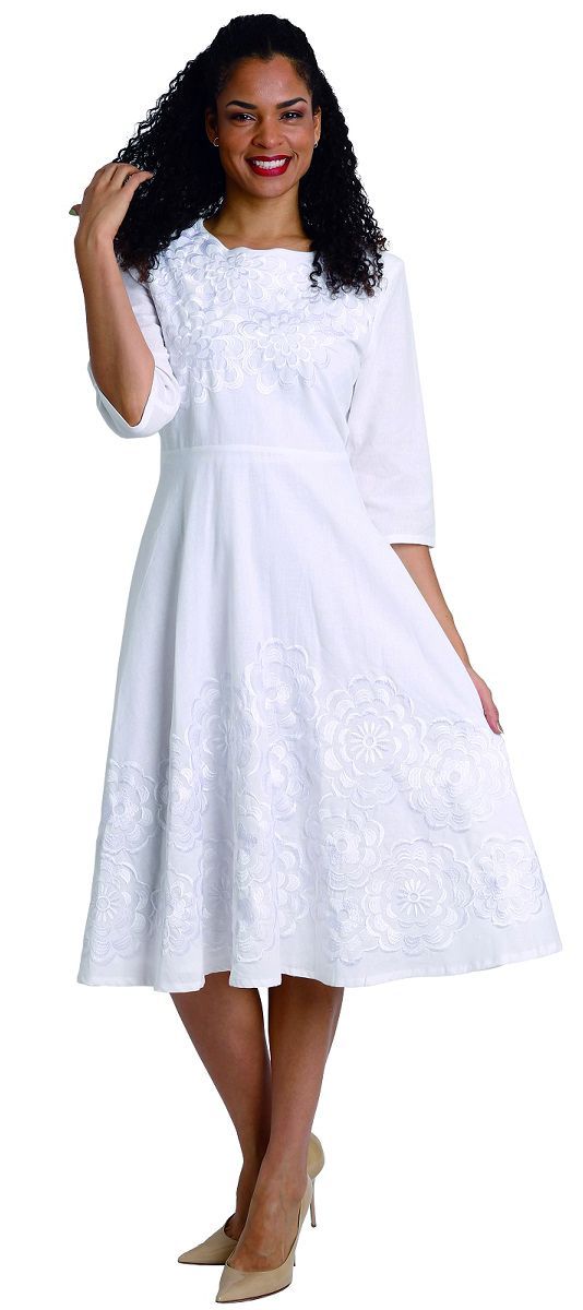 Diana Linen Dress 8219-White - Church Suits For Less