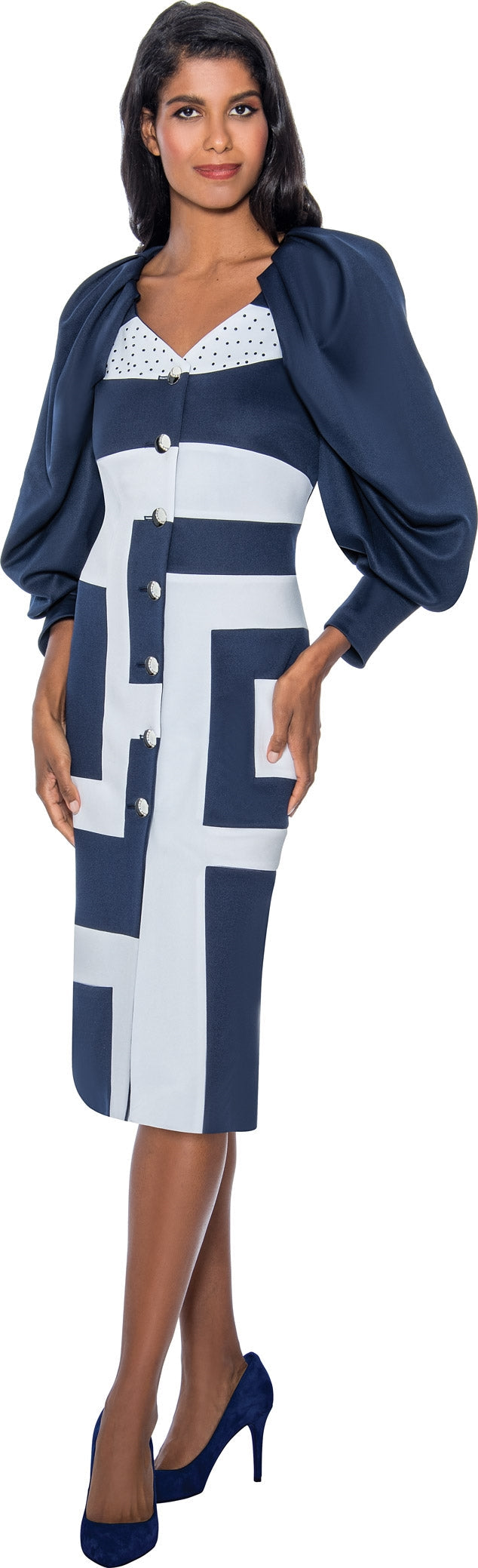 Church Dress By Nubiano 891-Navy/White - Church Suits For Less