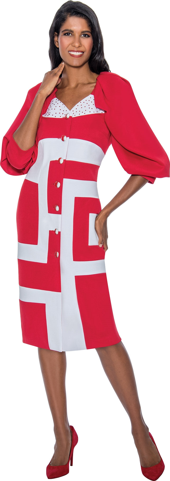 Church Dress By Nubiano 891-Red/White - Church Suits For Less