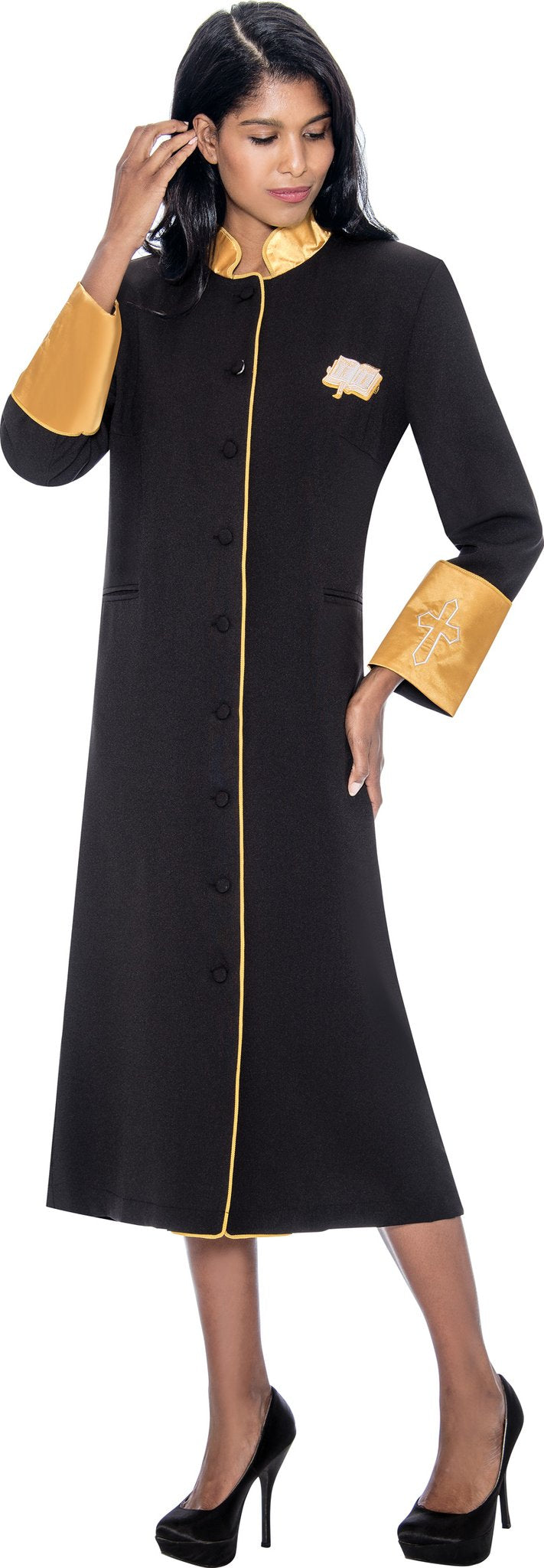 Women Cassock Robe RR9001-Black/Gold - Church Suits For Less
